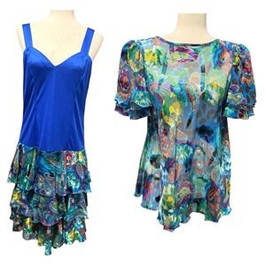 Ann Hobbs Cattiva Peacock Drop Waist Sleeveless Ruffled Dress Sz 8 2 Pc 80s Blue